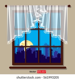  Window with white lacy curtain with a view of the night town city, yellow big moon, blue sky  vector illustration EPS 10 