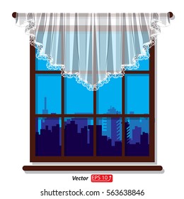  Window with white lacy curtain with a view of the night town city, blue sky , isolated on white background,  vector illustration EPS 10 
