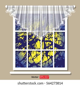  Window with white lacy curtain with a view of the night light yellow big moon, blue sky  branch of tree, garden,  vector illustration EPS 10