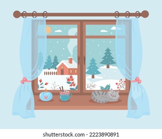 Window with winter day view, sleeping cat, candle and a mug of coffee on the sill. Winter mood, relaxing, cozy home concept.