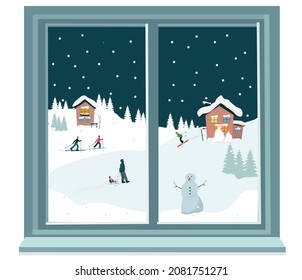 Window with winter evening landscape, snowman, skier, snowfall, snowdrifts. Vector illustration.