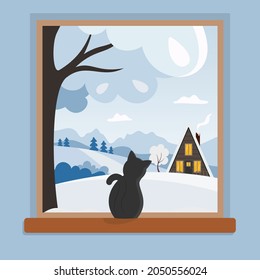 Ventana con paisaje invernal y gato sentados en el umbral de la ventana y mirando hacia afuera. Escena campestre en estilo plano con cabaña, campos y bosque. El concepto de la tarjeta de invierno. Ilustración del vector