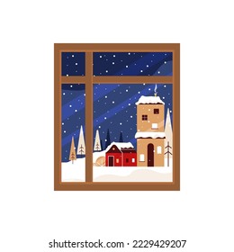Window with winter landscape. Countryside night scene with snowfall, houses and fir trees. View from house to nature in wintertime. Flat style vector illustration isolated on white background