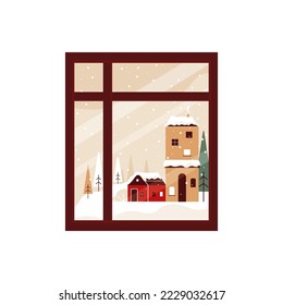 Window with winter landscape. Countryside scene with snow weather, houses and fir trees. View from house to nature in wintertime. Flat style vector illustration isolated on white background
