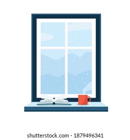 Ventana con paisaje invernal afuera con montañas y concepto de nieve. En el interior de la cálida casa, con una taza de té, café o chocolate caliente en el alféizar de la ventana, mirando a través de la ventana. Ilustración del vector