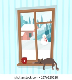 Window with winter landscape outside with snowman. Cat calmly sleeping on the window sill near cup with festive snowflake on side. Flat cartoon vector illustration
