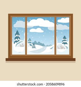 A window with a winter landscape. Snowfall and trees.  Vector illustration. Flat style. View from the house to nature in the winter season.