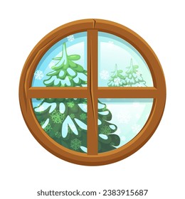 A window with a winter landscape. Snowfall and trees. Vector illustration. Cartoon style.