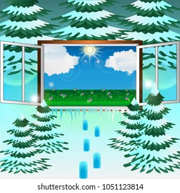 window from winter to spring warm day. Vector Illustration