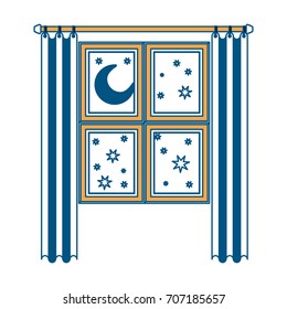 window in wooden with curtain and night landscape color section silhouette on white background vector illustration