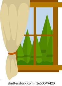 Window in a wooden frame with a curtain. Beautiful view. Element of the house wall and interior. Square object. Cartoon flat illustration. Forest, green trees, summer season