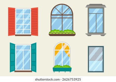 Window with wooden shutter and floral pot on rustic facade showing cartoon house in mediterranean village with vintage frame and colorful flower illustration in classic italian or french style exterio