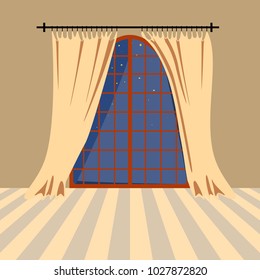 Window with yellow curtains. in a beige room. Stars in the night sky. Interior. Vector illustration.