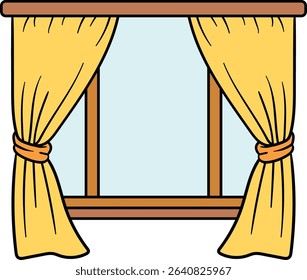 Window with yellow curtains open wide illustration