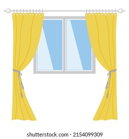 Window with yellow curtains. Part of interior. Isolated object. White background. Vector illustration. Flat art.