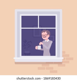 Window with young man brewing tea in a mug behind. Homebody person spending time staying home to enjoy safe comfortable private and personal life indoors. Vector flat style cartoon illustration