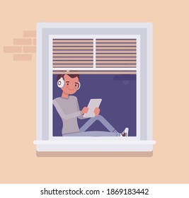 Window with a young man sitting behind with tablet. Homebody person spending time staying home to enjoy safe comfortable private and personal life indoors. Vector flat style cartoon illustration