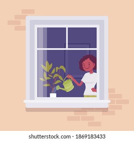 Window with a young woman watering home plant behind. Homebody person spending time staying home to enjoy safe comfortable private and personal life indoors. Vector flat style cartoon illustration