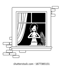 Window with young yogi woman behind, sun salutation yoga pose. Homebody person staying home, enjoy safe comfortable private, personal life. Vector illustration, black, white ink pen line art drawing