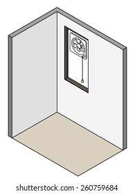 A window-mounted exhaust fan with a switch cord. 