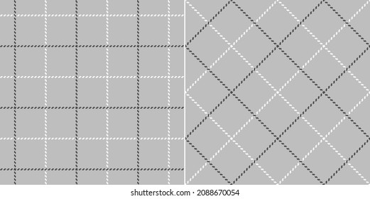 Windowpane check plaid pattern in grey and white. Seamless stitched thin tartan check illustration for shirt, dress, skirt, coat, scarf, other modern spring summer autumn winter fashion textile print.