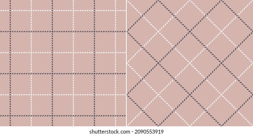 Windowpane check plaid pattern in grey, pink, white. Seamless stitched thin tartan background set for shirt, dress, skirt, coat, scarf, other modern spring summer autumn winter fashion textile print.