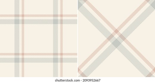 Windowpane check plaid pattern in grey, beige, pink. Seamless asymmetric herringbone set for jacket, coat, skirt, scarf, blanket, other modern spring autumn winter fashion fabric design.