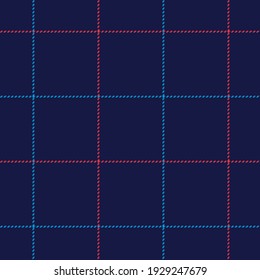 Windowpane check plaid pattern in navy blue, bright blue, red. Seamless stitched background graphic for skirt, blanket, jacket, bag, other modern everyday autumn winter fashion textile print.