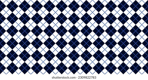 Windowpane plaid blue and white seamless pattern with diagonal lines and diamonds. Classic wool suit fabric. Elegant masculine design. Lozenge background. Geometric vector wallpaper. Rhombus ornament.