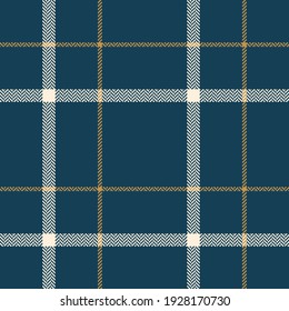 Windowpane plaid pattern autumn in blue, gold, off white. Seamless herringbone textured dark tartan check background graphic for skirt, blanket, jacket, other modern everyday fashion textile print.