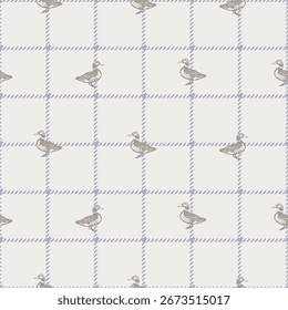 Windowpane Plaid Pattern com patos simples Sem emenda. Escocês caça Checkered Fundo. Roxo e creme cores pastel moda Design têxtil.