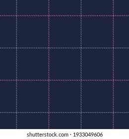 Windowpane plaid pattern stitched vector in navy blue, pink, purple. Seamless textured background graphic art for flannel shirt, skirt, jacket, other modern spring autumn winter fashion fabric design.