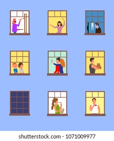 Windows with active neighbors. Painting a picture, dancing, programming, staring at stars, making selfies, playing saxophone.Vector
