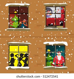 The windows of an apartment house in the evening of Christmas or New Year. People celebrate and make merry. Flat cartoon vector illustration