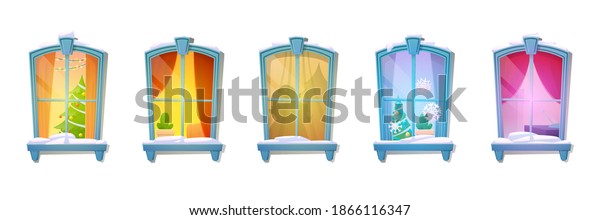 The windows\
of an apartment house in Merry Christmas. Wall facade casements\
with Christmas windows. Christmas windows in the evening of\
Christmas or New Year. Vector\
illustration