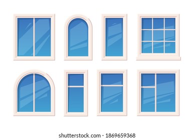 Windows. Architectural glass object window rame different types outdoor garish vector set