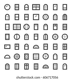Windows. Architecture elements. Flat icons isolated on white background. Traditional, french, arch and round window frames. 