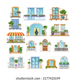 Windows and balconies for house facade exterior design. Classic, vintage and modern balconies with fence railings, balustrades, houseplants and wooden shutters. City architecture decor flat vector