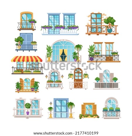 Windows and balconies for house facade exterior design. Classic, vintage and modern balconies with fence railings, balustrades, houseplants and wooden shutters. City architecture decor flat vector