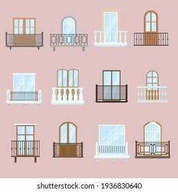 Windows and balconies set. Classic and old vintage architecture balconies with fence railings decor design. Flat vector illustration. Building facade decoration concept