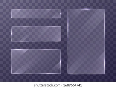  Banners de Windows en fondo transparente.Placas de vidrio planas.   Placa 3d reflejada, espejos transparentes, ventana. Pantalla de rectángulo de brillo Marco de cristal de cristal. Vector