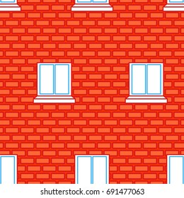 Windows and Brick Wall seamless texture. Red Bricks Background
