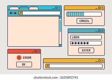 Windows browser interface pixel art set. Login, error frame collection. 8 bit. Game development, mobile app. Isolated vector illustration.
