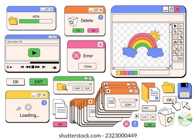 Windows browser objects mega set in graphic flat design. Bundle elements of 80s 90s retro style of computer windows of loading files, player and other templates. Vector illustration isolated stickers