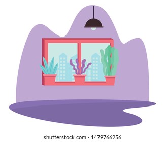 Windows cityscape view and plant pots cartoon ,vector illustration graphic design.