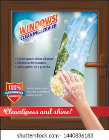 Windows Clean Service. Bast In Hand. Wash Window. Detergent For Home. Cleaning Service. Vector Illustration. Cleaning Realistic. Shining Surface. Cleanliness And Shine. Modern Cleaning Product.