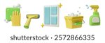 Windows cleaning 3d icons collection. Window, mop, glass cleaner, bucket with suds, rubber glove and cleaning cloth. Cute plastic vector elements set isolated on white background.