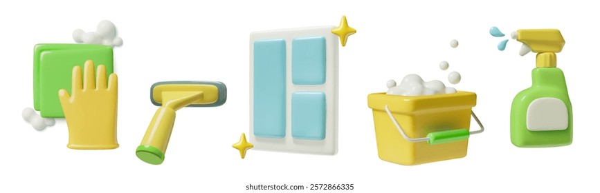 Windows cleaning 3d icons collection. Window, mop, glass cleaner, bucket with suds, rubber glove and cleaning cloth. Cute plastic vector elements set isolated on white background.