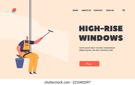 Windows Cleaning Company Landing Page Template. Washers Male Characters Wear Overalls Uniform Washing Window Hanging on Ropes. Professional Employee of Working Service. Cartoon Vector Illustration