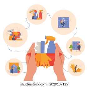 Windows cleaning flat background with flowchart of round compositions and human hands holding window cleanup equipment vector illustration